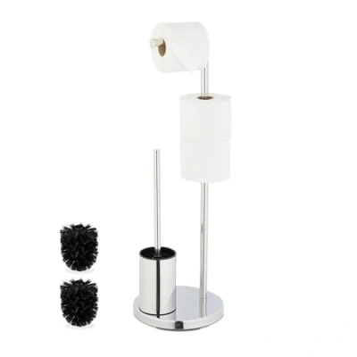 Image of Toilet Roll Holder and Brush Set, Stainless Steel, HxD 68 x 22 cm, Freestanding Bathroom Paper Stand, Silver Relaxdays