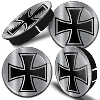Image of Biomar Labs® 4 x 60mm 3D Wheel Hub Centre Caps Iron Cross Silver Center Rims C 86