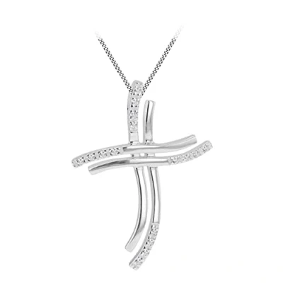 Image of Tuscany Silver Women&#039;s Sterling White Cubic Zirconia Small Cross Pendant on Curb Chain of 46cm/18&quot;
