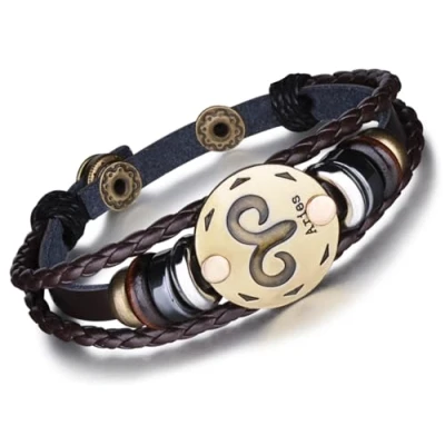 Image of Infinite U Retro Punk Mens Womens 12 Constellation Zodiac Sign Bracelet Braided Leather Alloy Charm Multilayer Wristband Bangle