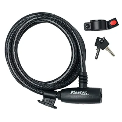 Image of Master Lock Bike Cable [Key] [1.8 m Coiling Cable] [Outdoor] [Mounting Bracket] 8232EURDPRO Ideal for Bike, Electric Skateboards, Strollers, Lawnmowers and other Outdoor Equipments