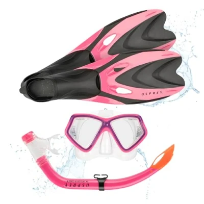 Image of Osprey Junior Snorkel Set with Flippers, 3 Piece Diving Mask and Fins for Boys Girls, Kids from 6 to 14 Years, Multiple Colours