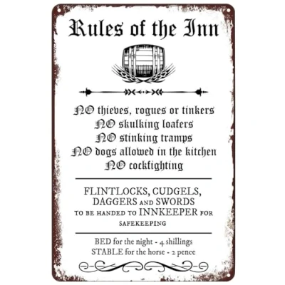 Image of Retro Tin Sign RULES OF THE INN ENGLAND Metal Plaque,Vintage Design For Bar Pub Man Cafe Room Garage Courtyard Posters 8x12inch