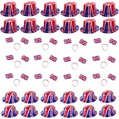 Image of Toyland® 36 Piece Union Jack Party Wear Bundle 12 Bowler Hats, Top Hats &amp; Headbands British Fancy Dress