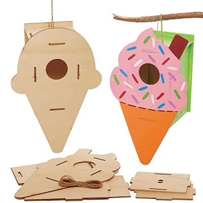 Image of Baker Ross FC794 Ice Cream Wooden Bird House Kits Pack of 2, Kids Paint Your Own Kit, Box Craft for