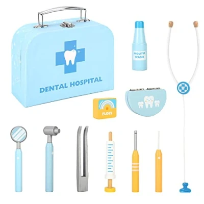 Image of SOKA Wooden Dental Hospital Pretend Playset Educational Preschool Dentist Doctor Role Play Toy Medical Tool Kit with Carry Case for Kids Children Girls Boys Ages 3 year old +