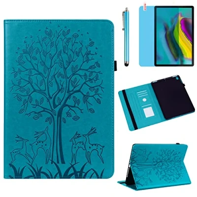 Image of Case for Samsung Galaxy Tab S5e 10.5 inch 2019 (SM T720 SM T725 T727), PU Leather Soft Silicone Back Cover Card Holder Stand Case, with Stylus Pen,Screen Film (Tree Blue)