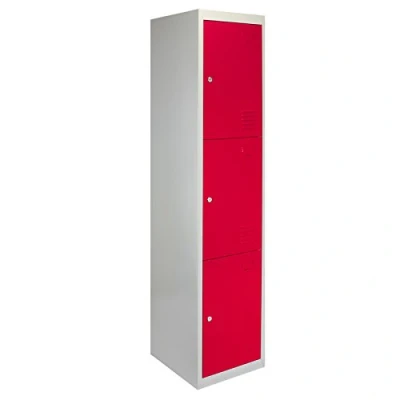 Image of Monster Shop 3 Door Metal Storage Lockers, Flatpacked Red &amp; Grey Steel Lockable Unit, Gym Changing School Staff