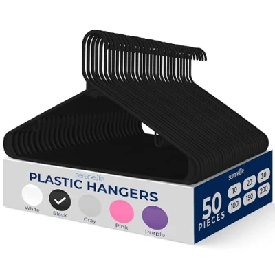 Image of SereneLife Plastic Hangers 50 pcs, Non Slip Heavy Duty Clothes Hanger Set with 360 Swivel Hook, Smooth Finish to Protect Fabric, Lightweight, Ultra Thin for Coats and Other (Black)
