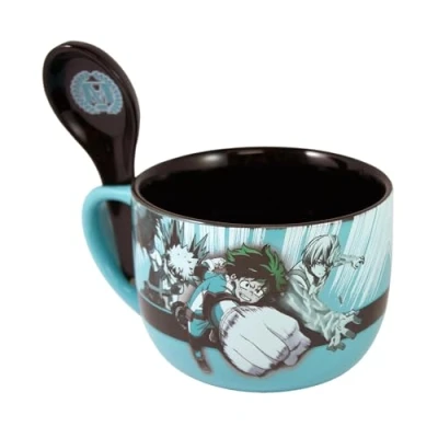 Image of Just Funky My Hero Academia Ceramic Ramen Soup Rice Bowl with Spoon, Featuring Deku, Bakugo, and Todoroki (My 20 Oz Bowl)…