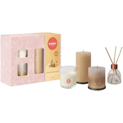Image of Bolsius Rustic Pillar Candles with Reed Diffuser and Scented Candle Gift Set of 4 Home Sweet Vanilla Decorative Household Long Burning Time Includes Natural Vegan Wax