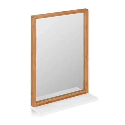 Image of Relaxdays Wall Shelf, MDF &amp; Bamboo Hanging Bathroom Mirror with Rack, 54.5 x 38 12 cm
