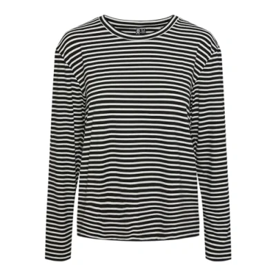 Image of PIECES Women&#039;s Pcmalulje LS O Neck Top Bc Shirt, Black/Stripes: Bright White, S