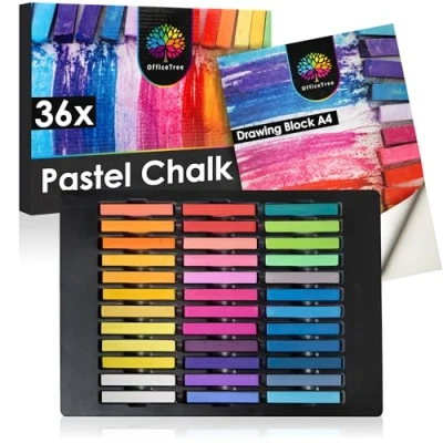 Image of OfficeTree 36 x Chalk Pastels for Art Soft Artists with Sketch Pad Pastel Crayons in Vibrant Colours Crayon Set