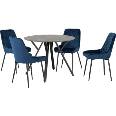 Image of Seconique Athens Round Dining Table Set with 4 Avery Chairs in Concrete/Sapphire Blue Velvet