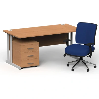 Image of Impulse 1800 Silver Cant Desk Oak + 3 Dr Mobile Ped &amp; Chiro Blue