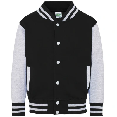 Image of AWDis Boy&#039;s Kids Varsity regular Jacket, Multicoloured (Jet Black/Heather Grey), Size 3 4 (Manufcturer X Small)