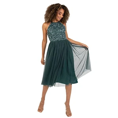 Image of Maya Deluxe Women&#039;s Ladies Midi Dress with Halter Neck Tulle for Evening Graduation Prom Wedding Bridesmaids Ball Gown, Emerald Green, 10