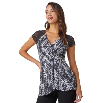 Image of Roman Lace Trim Stretch Wrap Top for Women UK Ladies Autumn Everyday Winter Holiday V Neckline Comfy Sleeveless Soft Buckle Detail T Shirt Dinner Date Shirts Black White Size 10