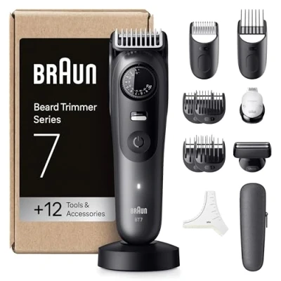 Image of Braun Beard Trimmer Series 7, +12 Barbering Tools, Lifetime Sharp ProBlade, Up to 120 Min Runtime, 40 Lengths, Waterproof, PrecisionWheel &amp; Lock, BT7545, Grey