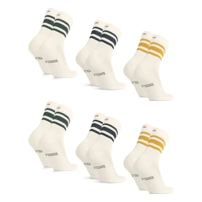 Image of DANISH ENDURANCE Tennis Crew Socks, Cotton Striped Sports Cushioned for the Gym, Men &amp; Women, 3 or 6 Pack, MC (2xOffwhite/Dark Green, 2xOffwhite/Navy, 2xOffwhite/Mustard), 5
