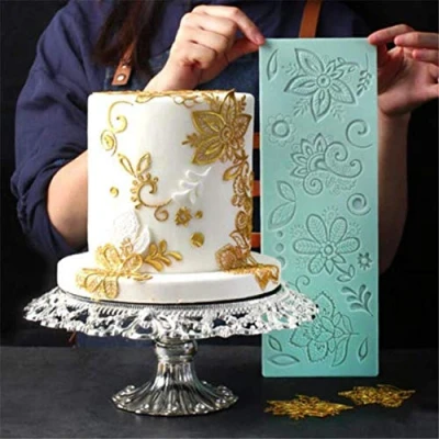 Image of Flower Impression Lace Silicone Mold,Cake Mat Mold,Wedding Fondant Cake Decorating Tools Bakeware Mold, Cupcake Gumpaste Chocolate Mould, Border Edge Decoration Mold Embossed Pad