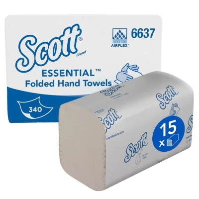 Image of Scott Essential, 6637, Compact, Interfolded Hand Towels, 1 ply, Small, White, 15 packs x 340 sheets