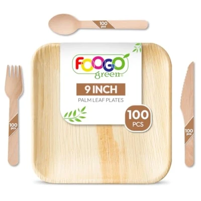 Image of FOOGO Green 400pcs Disposable Palm Leaf Plates and Wooden Cutlery Set, FSC® Certified, 100x Large Square Plates, 100xForks, 100xKnives, 100xSpoons, Eco Friendly Biodegradable, Party Rigid Paper