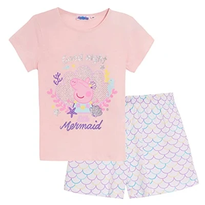 Image of Peppa Pig Girls Short Pyjamas Kids Mermaid Glitter Shortie Pj Set Nightwear Pink 6 Years