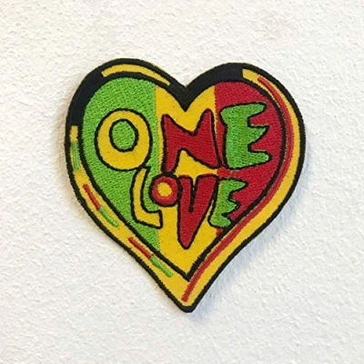 Image of One Love Colourful Rasta Reggae Heart Iron on Sew Embroidered Patch