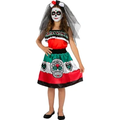 Image of Funidelia Catrina Costume for girl Sugar skull, Day of the Dead (Día de los muertos) Costumes kids, accessory fancy dress &amp; props Halloween, carnival parties Size 3 4 years Black