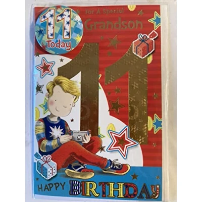 Image of For A Special Grandson 11 Happy Birthday Card With Badge 11th Eleven Eleventh Cute Boy Gamer Foil Detail(CC7527/03)