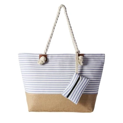 Image of DonDon Large Beach bag for women with zip Waterproof Pool holiday Stripes light blue
