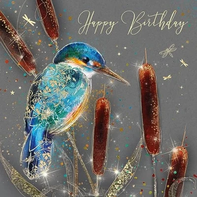 Image of Cherry Orchard Kingfisher Luxury Happy Birthday Card for him with gold Foil detailing and envelope from
