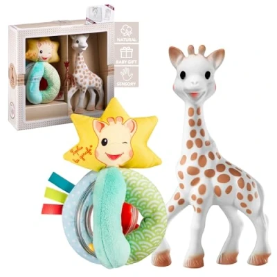 Image of Sophie la girafe Sophiesticated Original Teether with Soft and Sense Rattle Gift Set, 100% Natural Rubber Baby Teething Toy, Box Set Bag Card