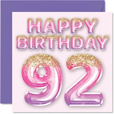 Image of 92nd Birthday Card for Women Pink &amp; Purple Glitter Balloons Happy Cards 92 Year Old Woman Mum Great Nanny Grandma Gran, 145mm x Ninety Two Second Bday Greeting Gift