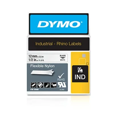 Image of DYMO Rhino Industrial Flexible Nylon Labels 12 mm x 3.5 m Black Print on White Self Adhesive for &amp; LabelManager Label Makers