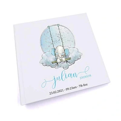 Image of ukgiftstoreonline Personalised Baby Boy Photo Album Gift Elephant On Swing