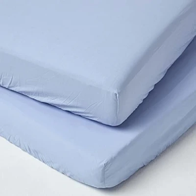 Image of HOMESCAPES Blue Cot Bed Fitted Sheets 70 x 140 cm 2 Pack 100% Egyptian Cotton Percale Soft Hypoallergenic Toddler Sheet Fully Elasticated Skirt Breathable Easy Care 200 TC 400 Thread Count Equiv