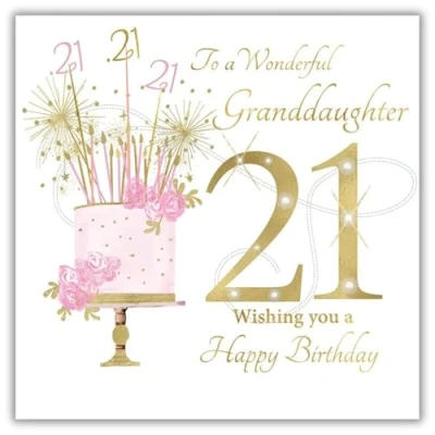 Image of Rush Design Wonderful Granddaughter Age 21 Milestone Large Birthday Card 21st Floral Cake and Sparkling Candles with Foiled Flitter Handcrafted Gem Finish Eco Friendly