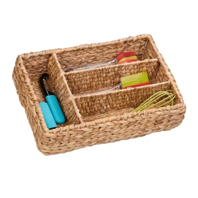 Image of Relaxdays Cutlery Tray with 4 Compartments, Drawer Organiser, HxWxD: 10.5 x 42 29 cm, made of Water Hyacinth, Natural, Plant fibre