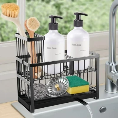 Image of Sinnsally Sink Caddy Organiser,Dish Sponge Holder for Kitchen Tidy,Kitchen Storage Rack with Brush Holder,Washing up Sinkware Organiser,Soap Tray Accessories