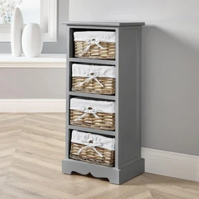 Image of Home Source Bedroom Wooden Storage Unit, Woven Willow Wicker Baskets, 4 Drawer Cabinet Chest, Grey