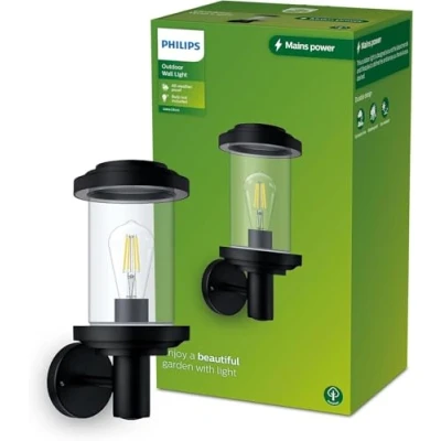 Image of Philips Lighting Listra Outdoor Wall Light, Round, Without Bulb, Black, max. 25W, IP44 Weatherproof
