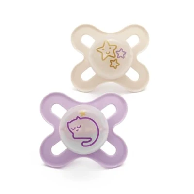 Image of MAM Original Start Night Soothers 0 2 Months Pack Newborn Dummies Glow in The Dark Comes Dummy Steriliser Box Sustainable Materials Pink (Designs May Vary)