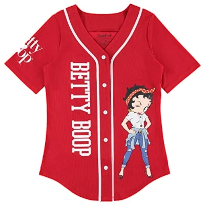 Image of Betty Boop Ladies Baseball Jersey, Bonnie, Margie, and Mae Mesh Button Down Jersey Vintage Shirt, Red, Large