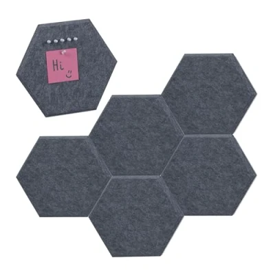 Image of Relaxdays Felt Boards, Set of 6, Self Adhesive, Hexagonal, 26 x 30 0.9 cm, Bulletin, Message, with Push Pins, Grey