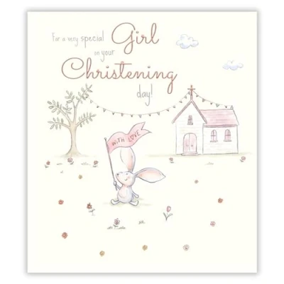 Image of Christening Congratulations Card For Girls Her Very Special Girl Bunny Rabbit and Church Finish Made in the UK Eco Friendly