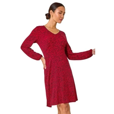 Image of Roman Originals Long Sleeve Tea Dress for Women UK Ladies Fit &amp; Flare Skater Swing Wrap Stretchy Frill Autumn Winter Evening Cocktail Party Work Office Casual Knee Length Red Black Size 18