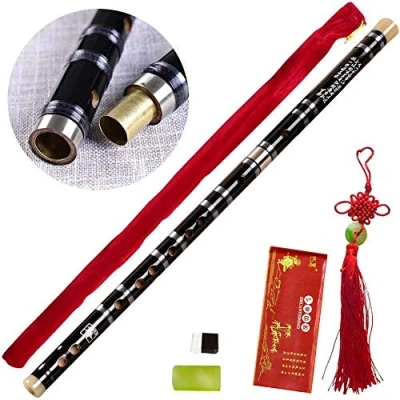 Image of Tyuodna Pluggable F Key Bitter Bamboo Flute Dizi, Chinese Traditional Handmade Musical Woodwind Instrument of F, with Free Membrane &amp; Glue Protector Set (Black)